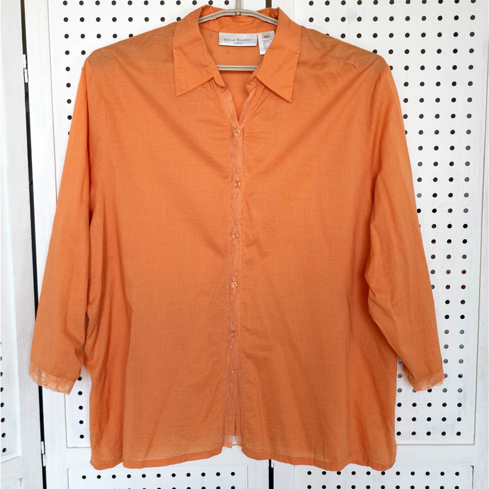 Vintage Susan Bristol Womens SIZE 3X Embroidered 3/4 Sleeve Button Up Shirt